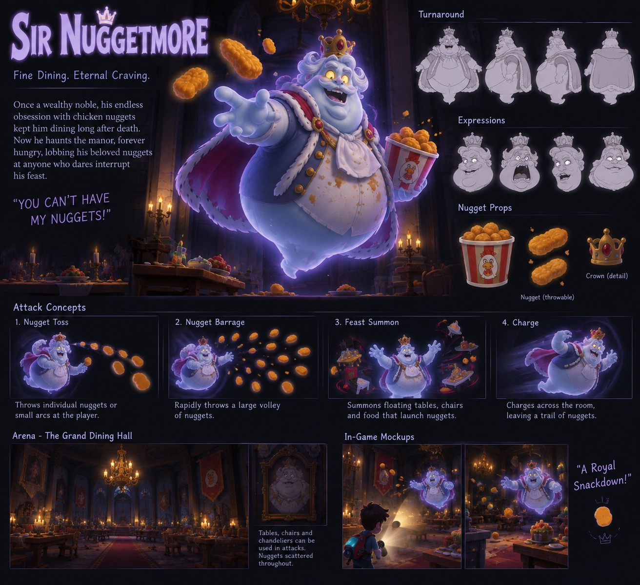 Sir Nuggetmore original concept sheet showing character turnaround, expressions, nugget props and four attacks.